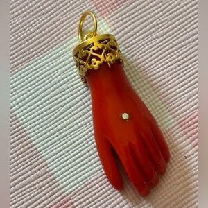 Coral and 14K Gold EP  Hand Pendant Charm Azabache Victorian Gothic Italy